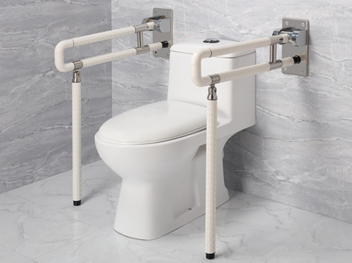 衛(wèi)生間扶手-白色U型上翻扶手帶落地腳不銹鋼光面底板老人安全助力扶手桿無障礙助立坐便器扶手